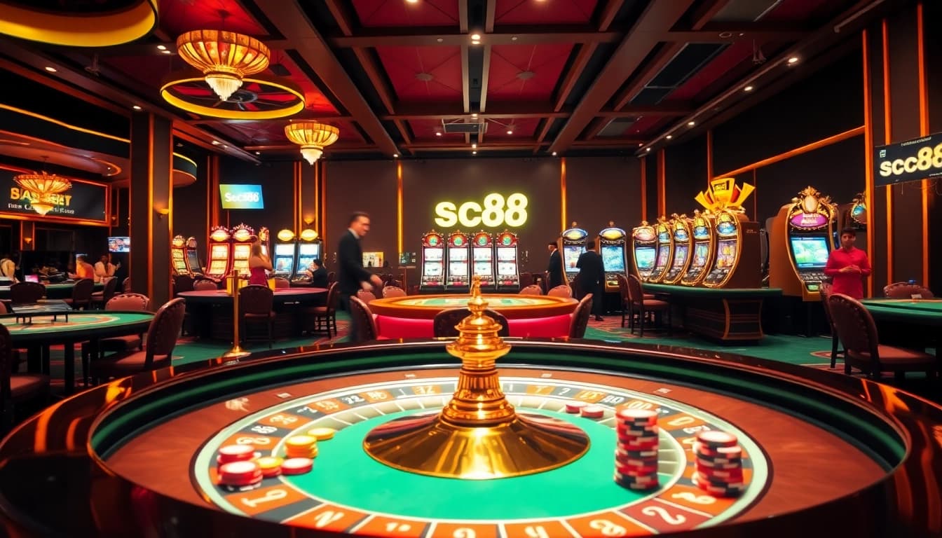 Experience thrilling moments at sc88's luxurious casino environment with vibrant tables and eager players.