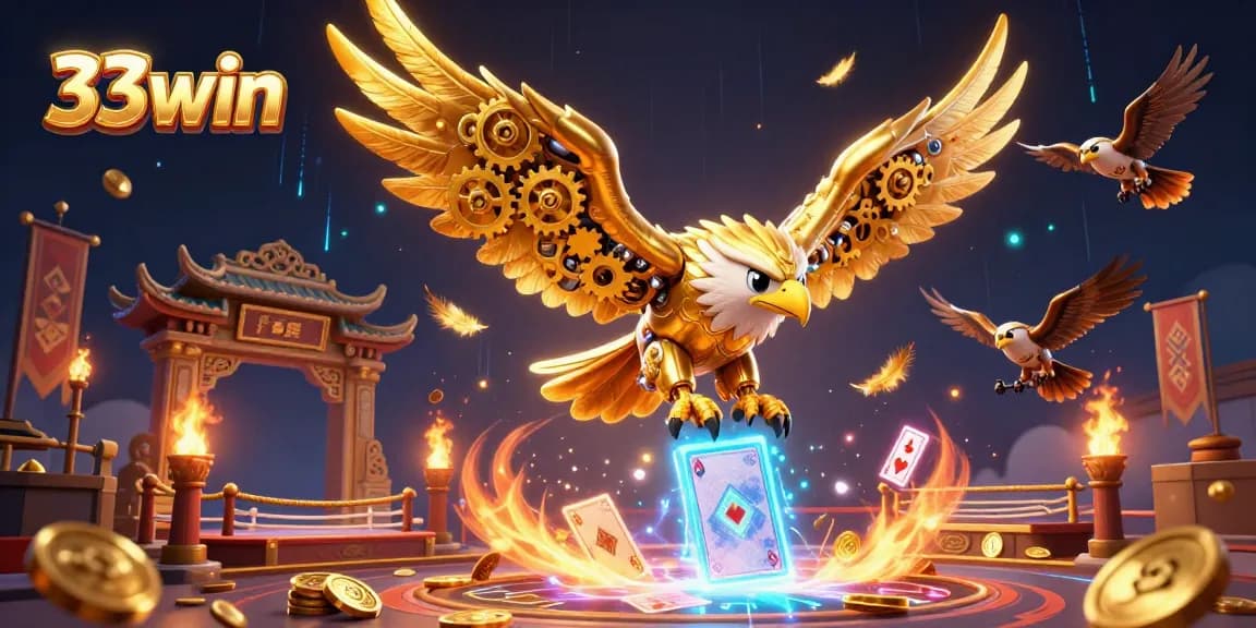 Engage with 33win's vibrant casino illustration featuring a golden eagle and holographic cards.