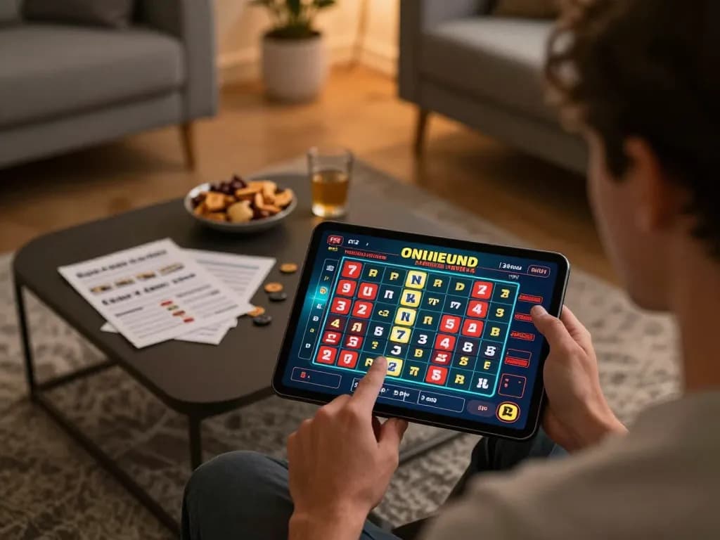 Engaging in đánh đề online, a player uses a tablet while analyzing betting strategies at home