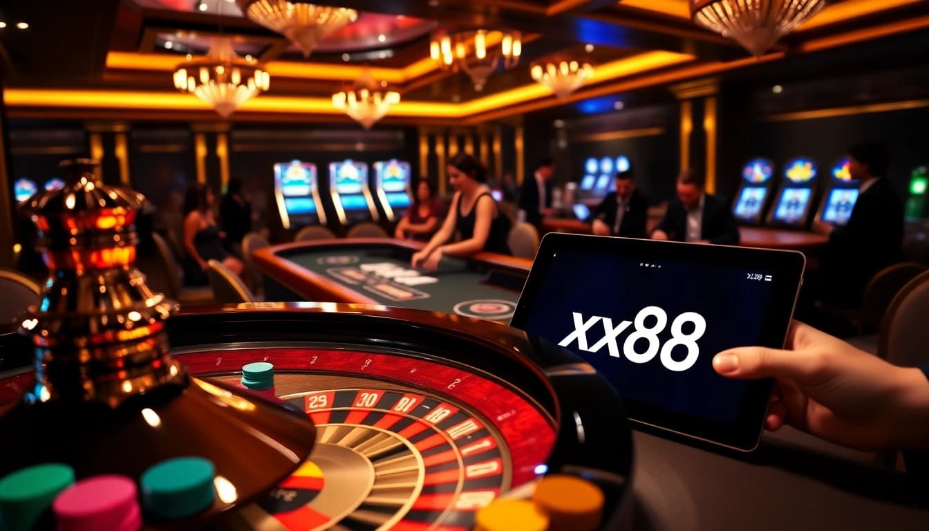 Exciting casino scene with xx88 online gambling platform displayed amidst roulette and poker table.