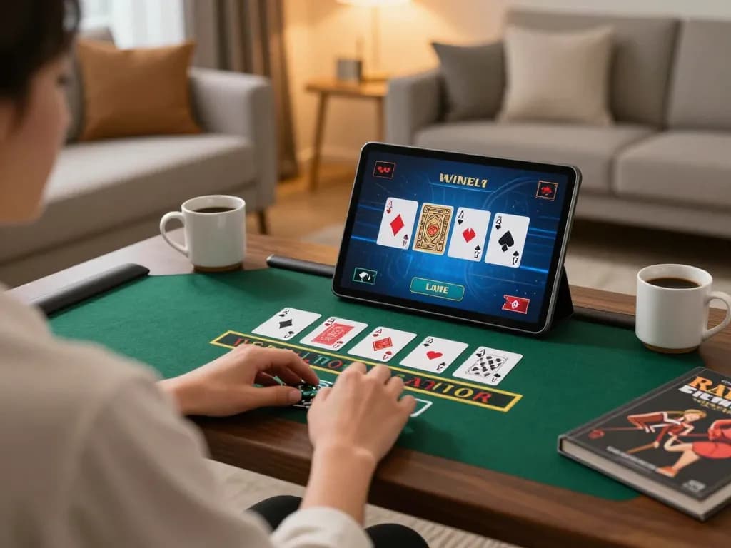 MM88 player enjoying a live dealer blackjack game on a tablet in a cozy living room setting