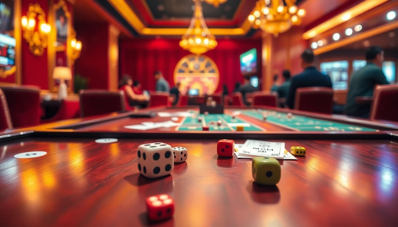 Xóc đĩa online players engaging at an elegant casino table with dice and betting slips.
