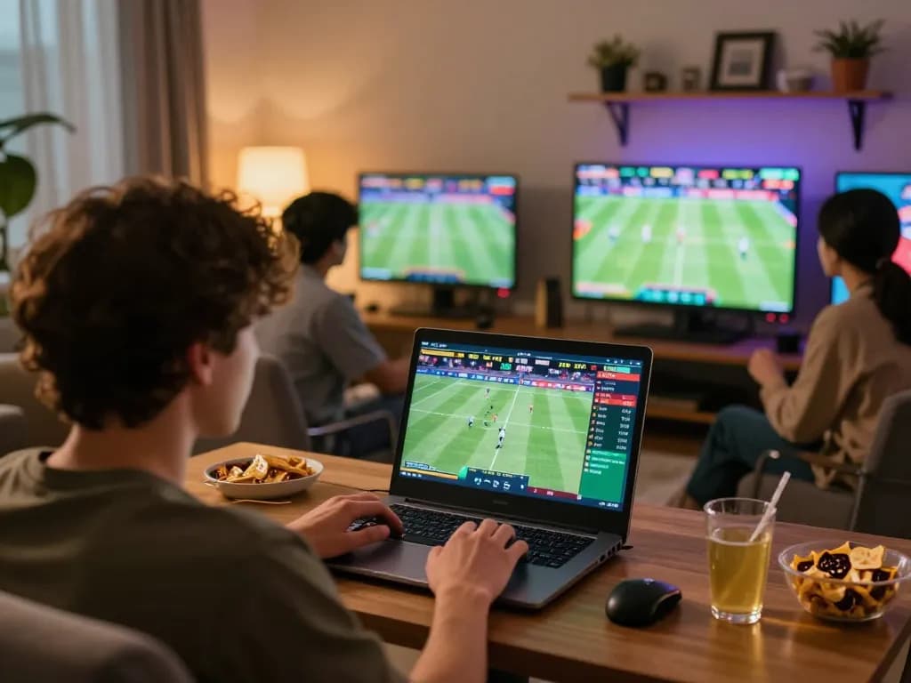 Engaged player at uu88 placing bets during live sports events on laptop in cozy home.
