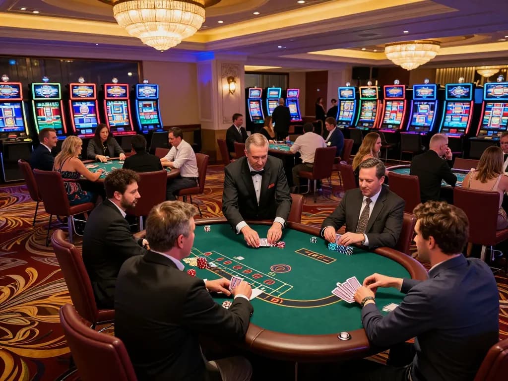 Players strategizing at a blackjack table in the HM88 casino, vibrant atmosphere and dynamic action.