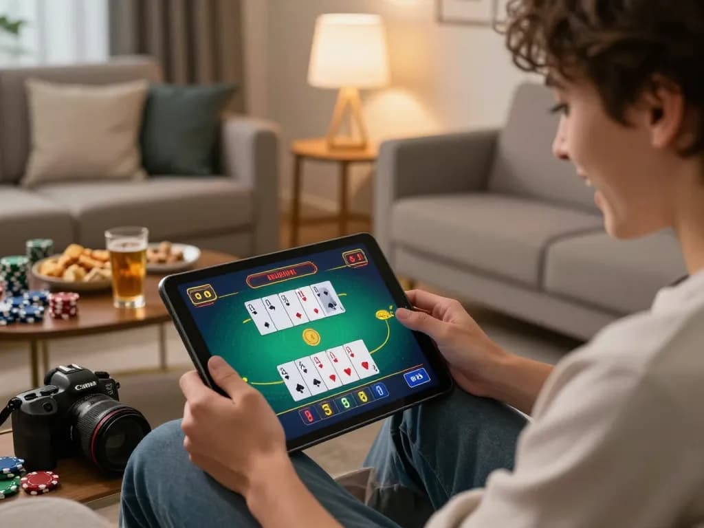 Engaging in a lively blackjack game via a tablet, showcasing the excitement of zowin's online gambling environment.