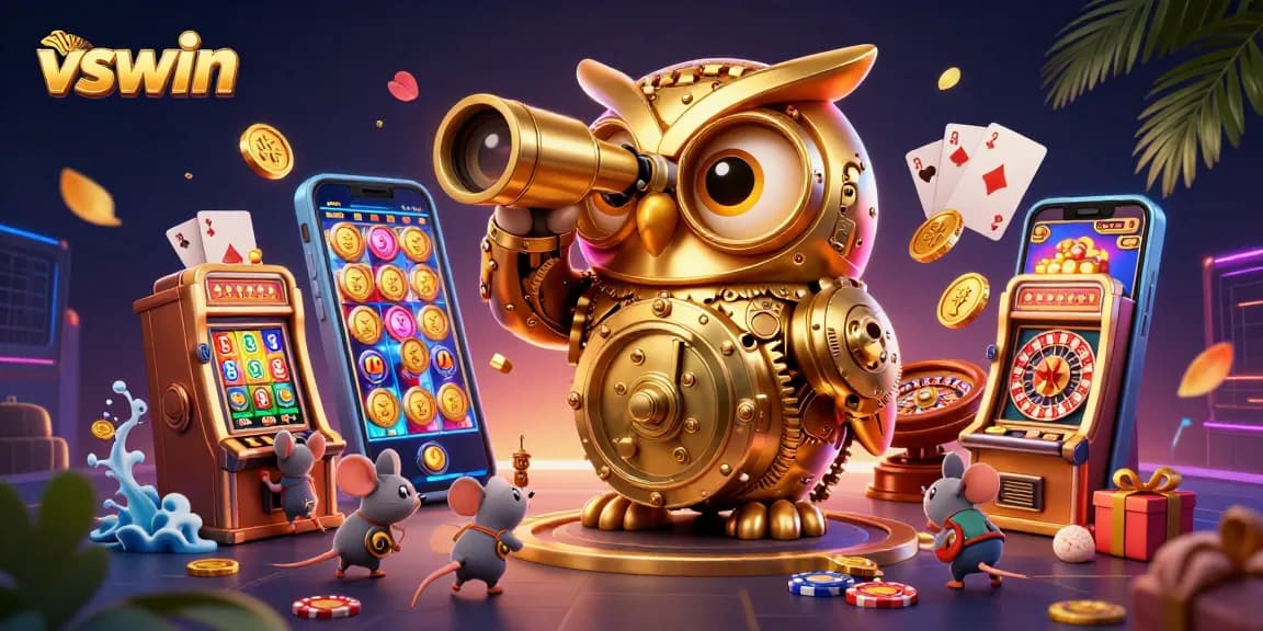 Join the action at vswin with vibrant casino games featuring a clockwork owl and slot machines.