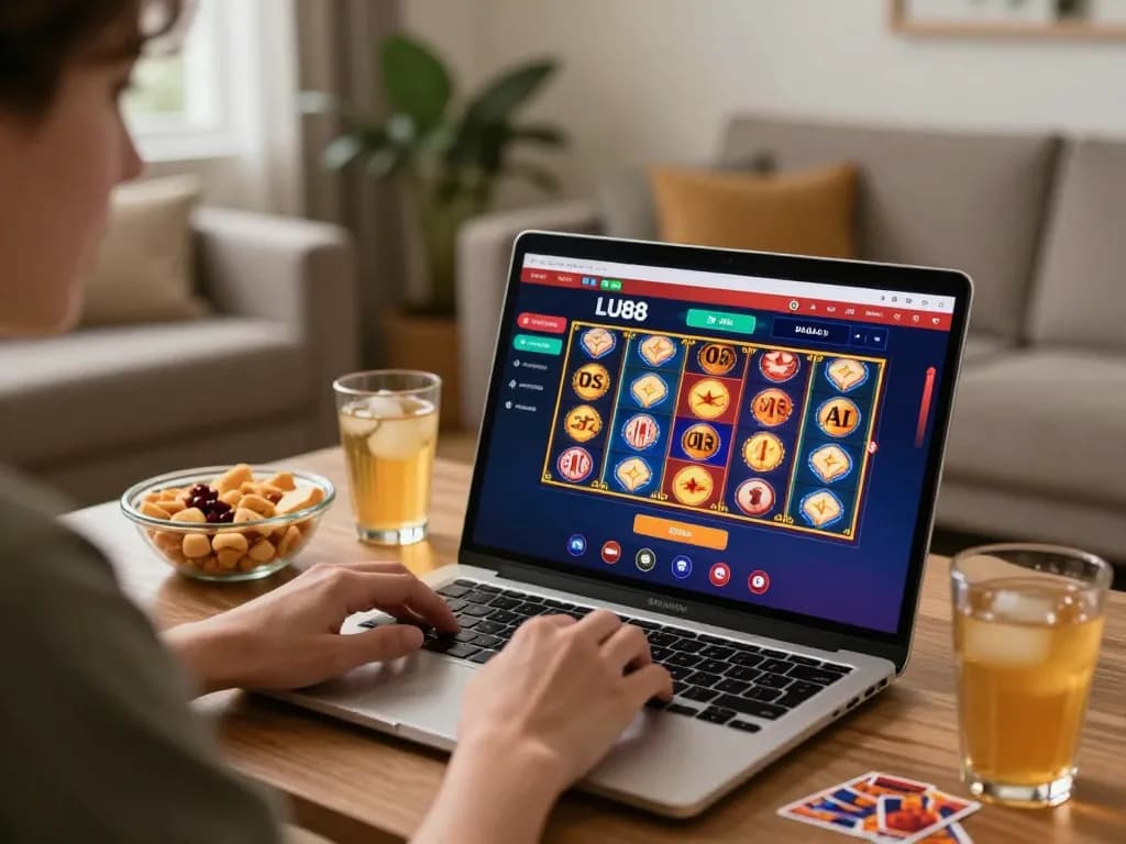 Engage with LU88 online gaming interface on a laptop, showcasing excitement and strategy.