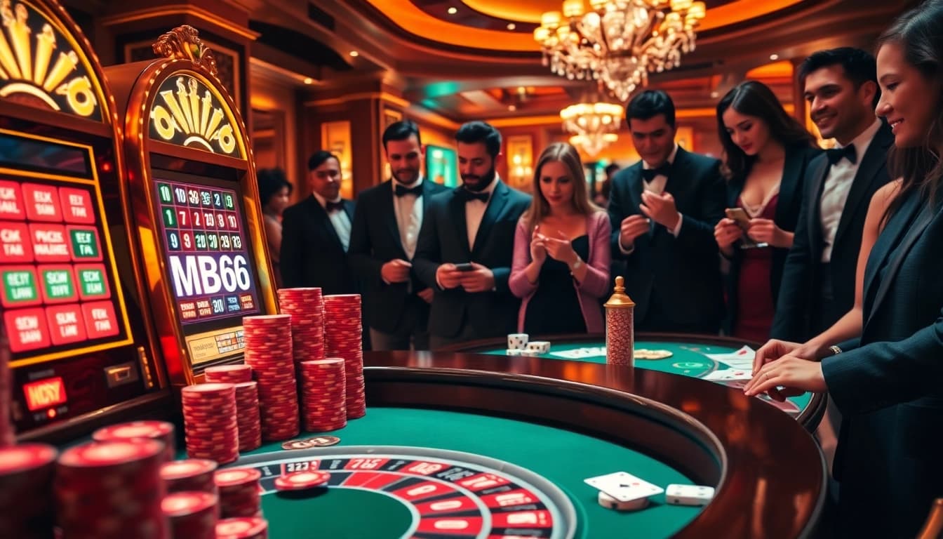Players excitedly placing bets at an MB66 slot machine in a luxurious casino setting.