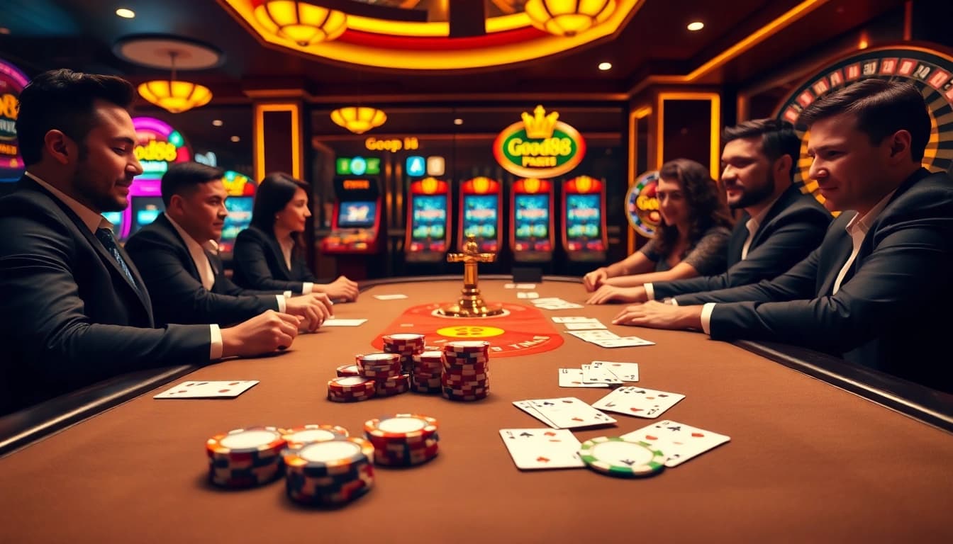 Experience thrilling gameplay at Good88's vibrant casino with poker chips and cards.