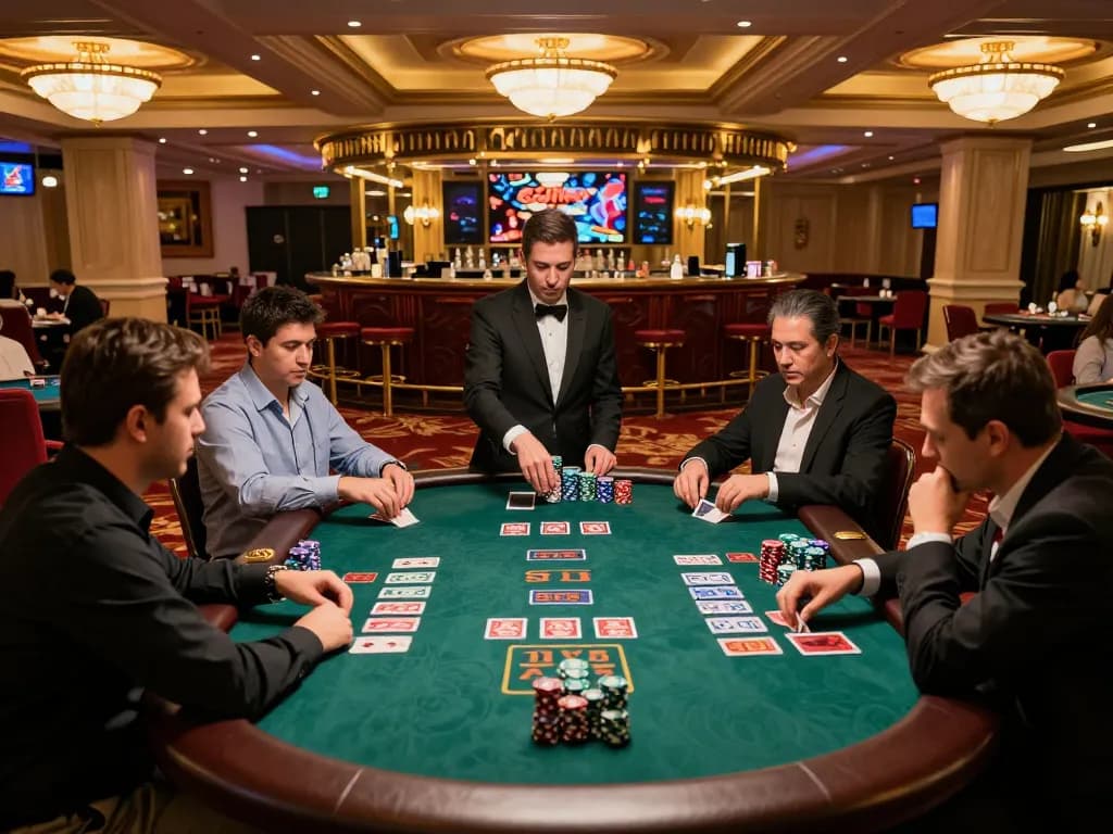 Players at a blackjack table engaging with Hoiquantv's expert strategies in an elegant casino setting