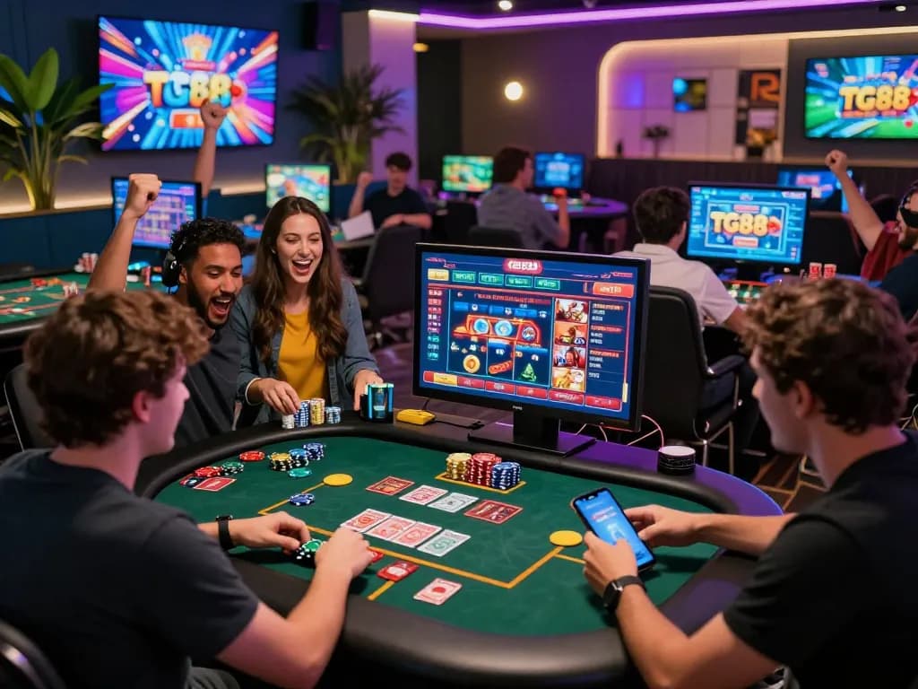 Exciting gaming experience at TG88, showcasing diverse players engaged in online betting and casino games.