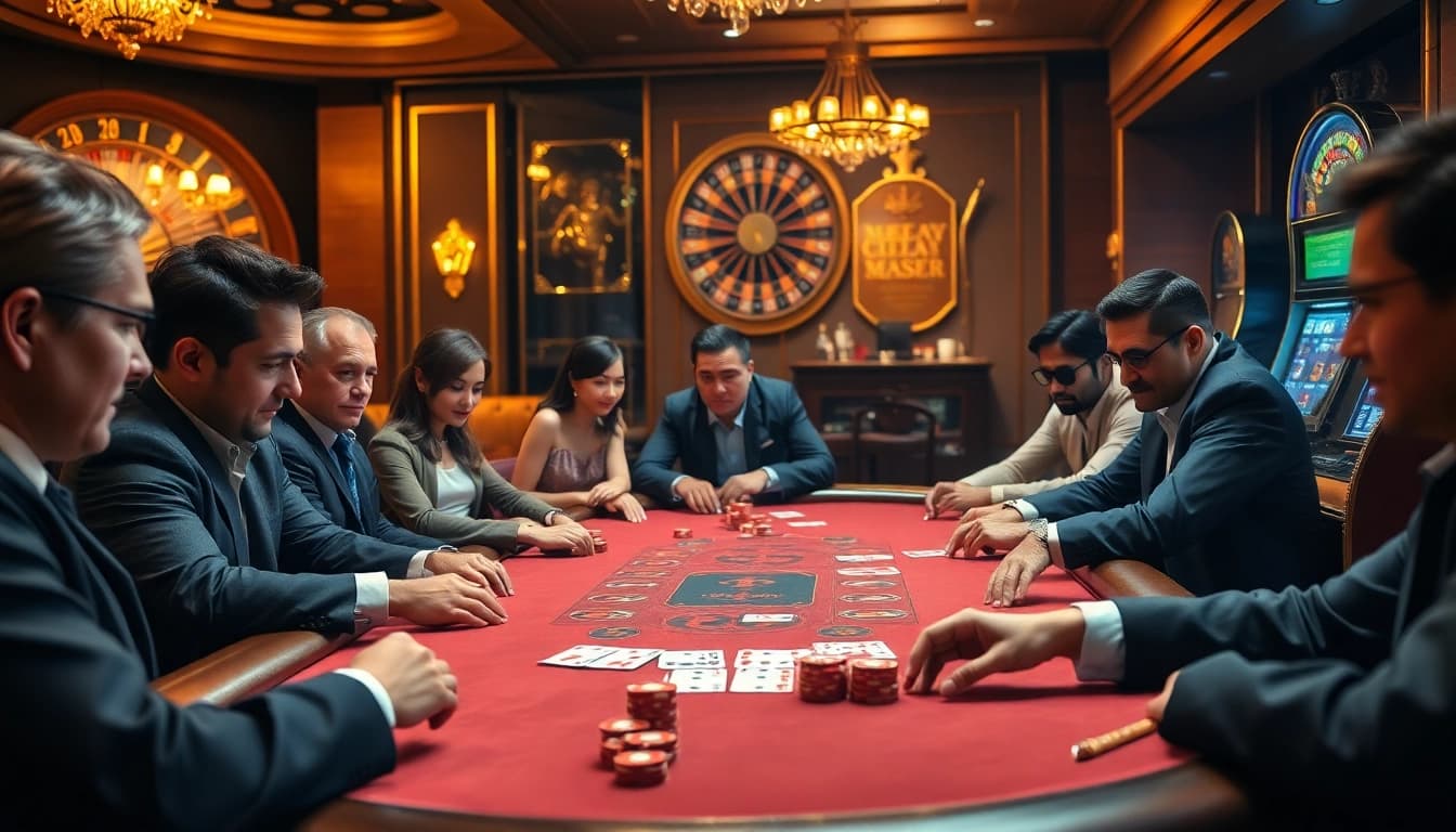 Players strategizing at an elegant poker table in MMOO's luxurious gambling environment.