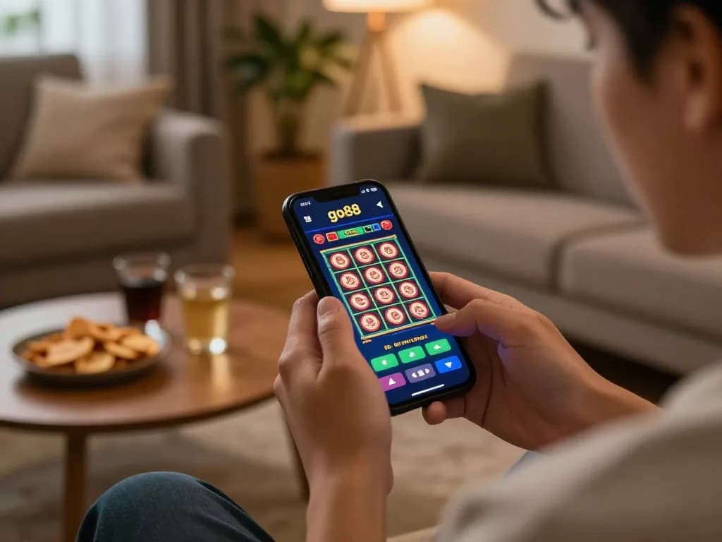 Engaged player using go88 app on smartphone for online gambling in cozy home setting