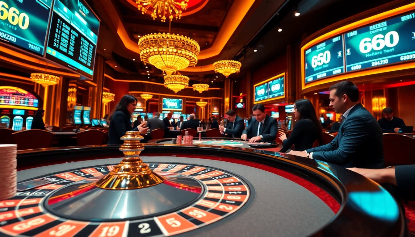 Excited gamblers enjoying roulette at 68VIP casino with vibrant lights and poker chips.