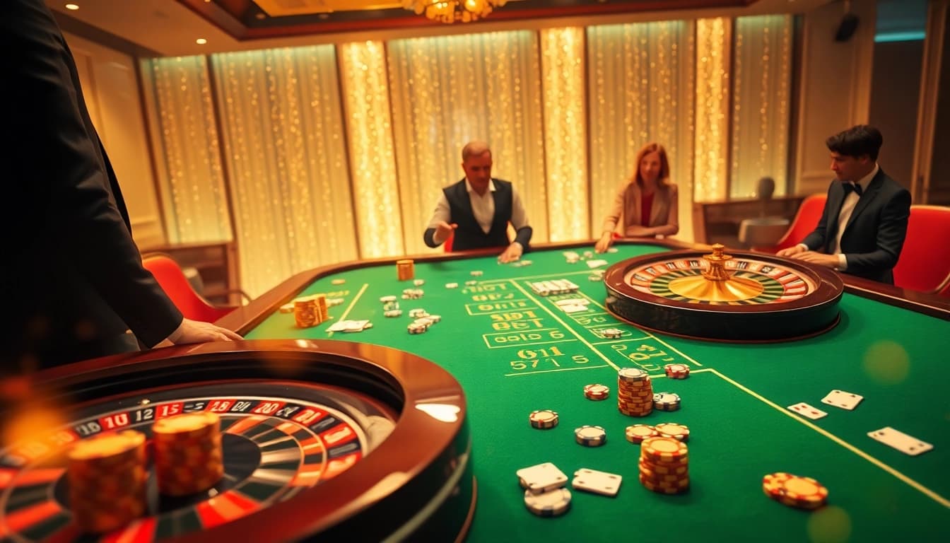 Kkwin gaming scene with a modern casino table, poker chips, and roulette wheel, capturing the excitement.