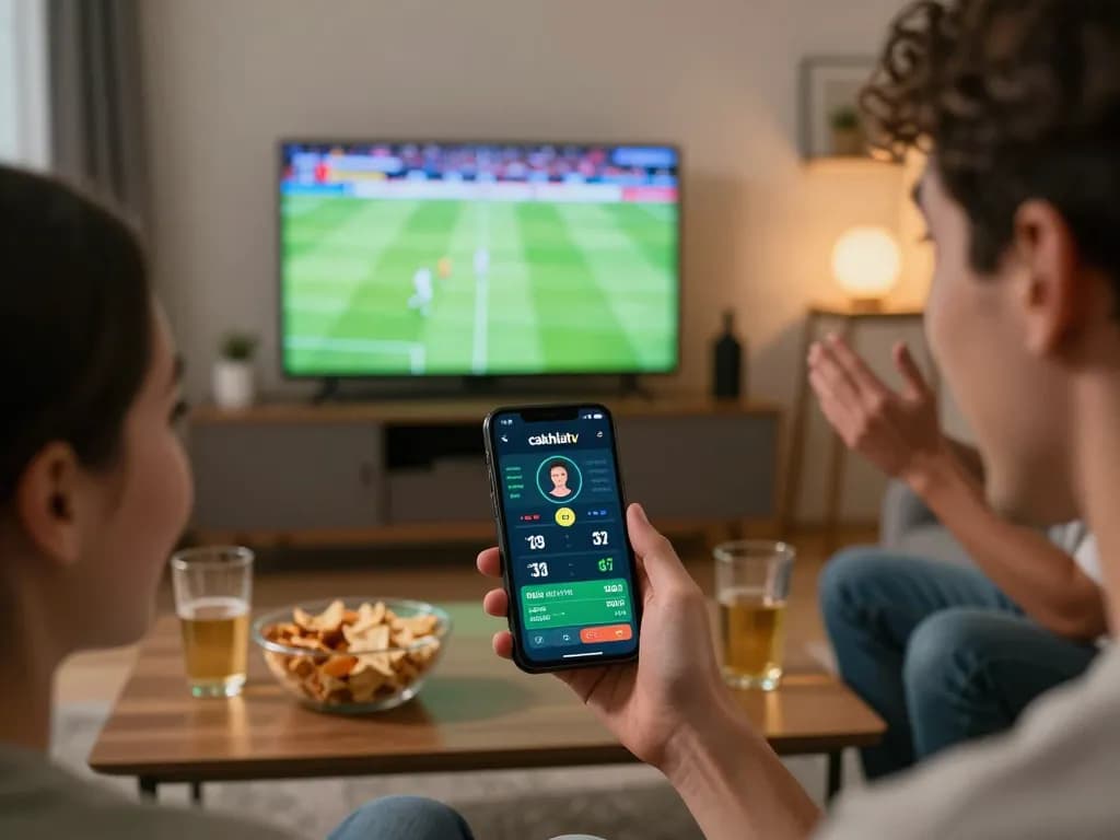 Cakhiatv app displaying live sports betting while user watches a thrilling match in cozy setting.