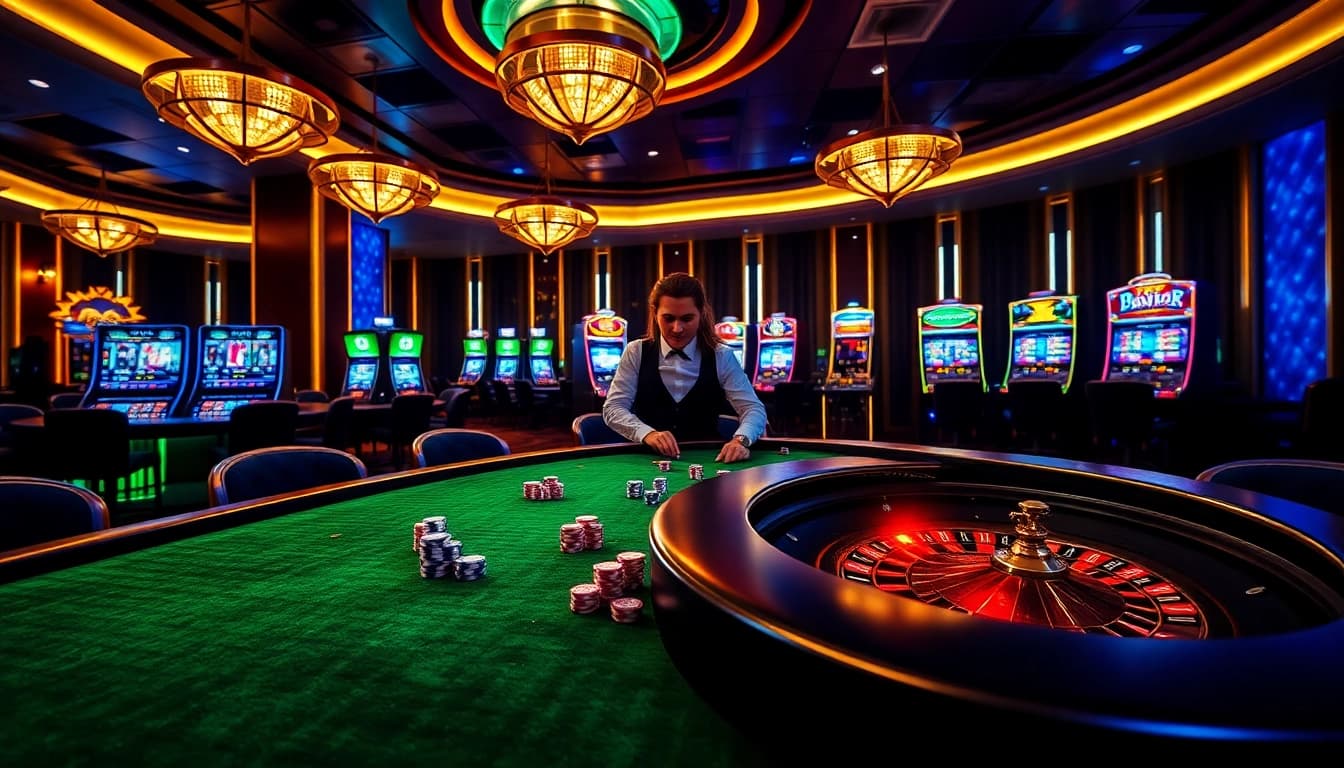 Engaging LUCK8 players at a luxurious online casino with vibrant tables, chips, and real-time betting screens.