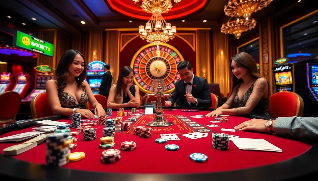Excited players enjoying a vibrant 8KBET casino experience with poker chips and roulette.