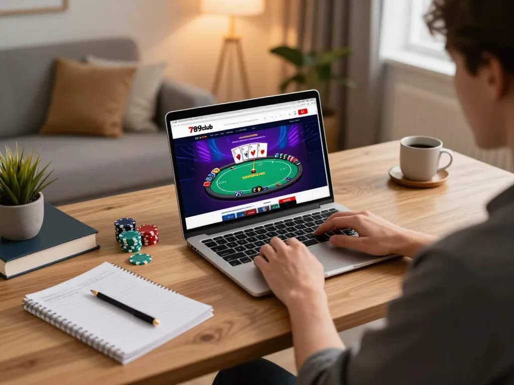 Person playing poker on 789club's online platform, engaging in a strategic gaming session.