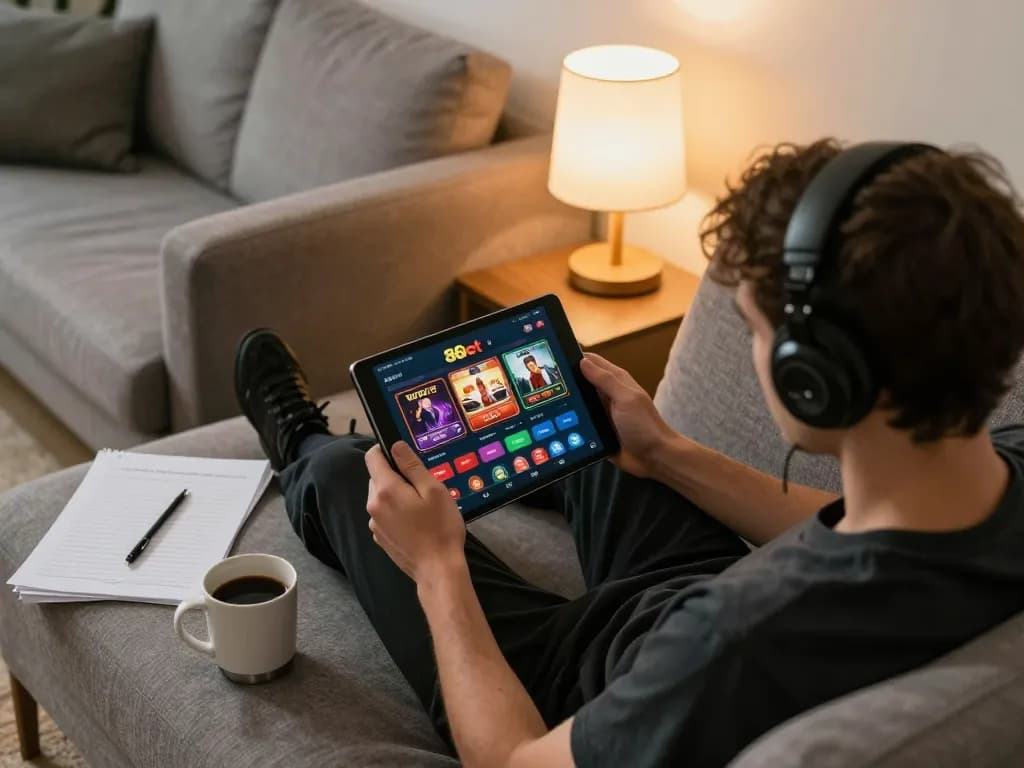 Engaged gambler using the 86bet app on a tablet in a cozy home setting, showcasing strategic gameplay.