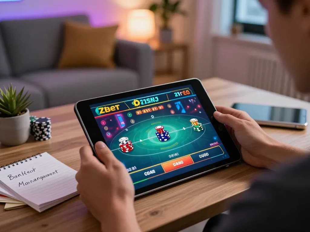 Zbet Casino player enjoying online gameplay on a tablet in a cozy, comfortable setting.