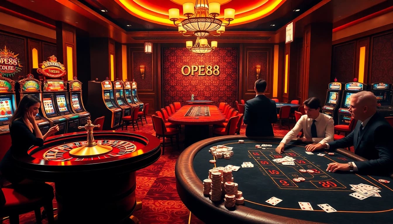 Experience the thrill of gambling at OPEN88 with luxurious casino tables and vibrant slot machines.