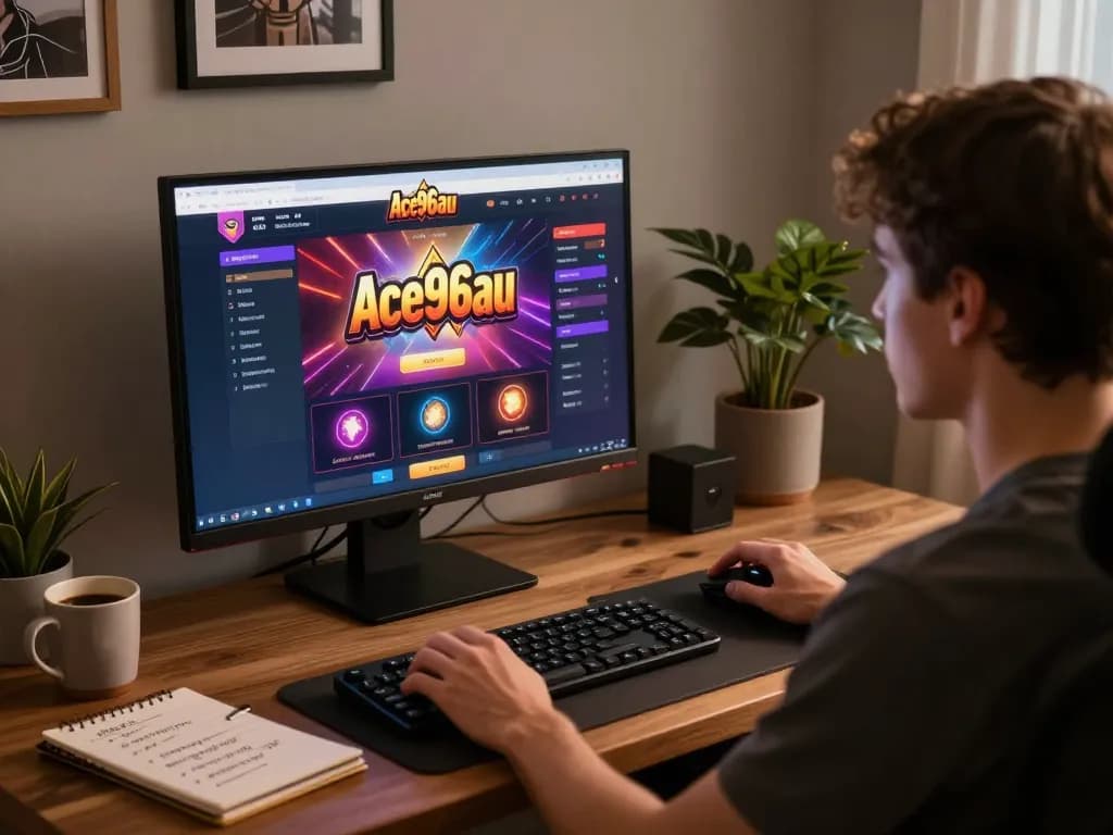 A player engaging with Ace96au on a desktop, highlighting a lively online casino experience.