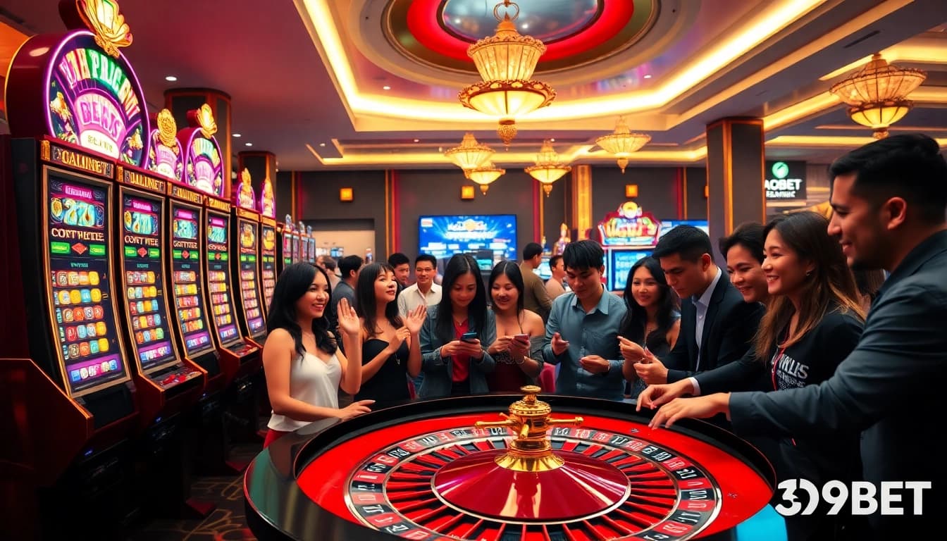 High-stakes gaming at 399BET featuring vibrant slot machines and excited players creating a thrilling atmosphere.
