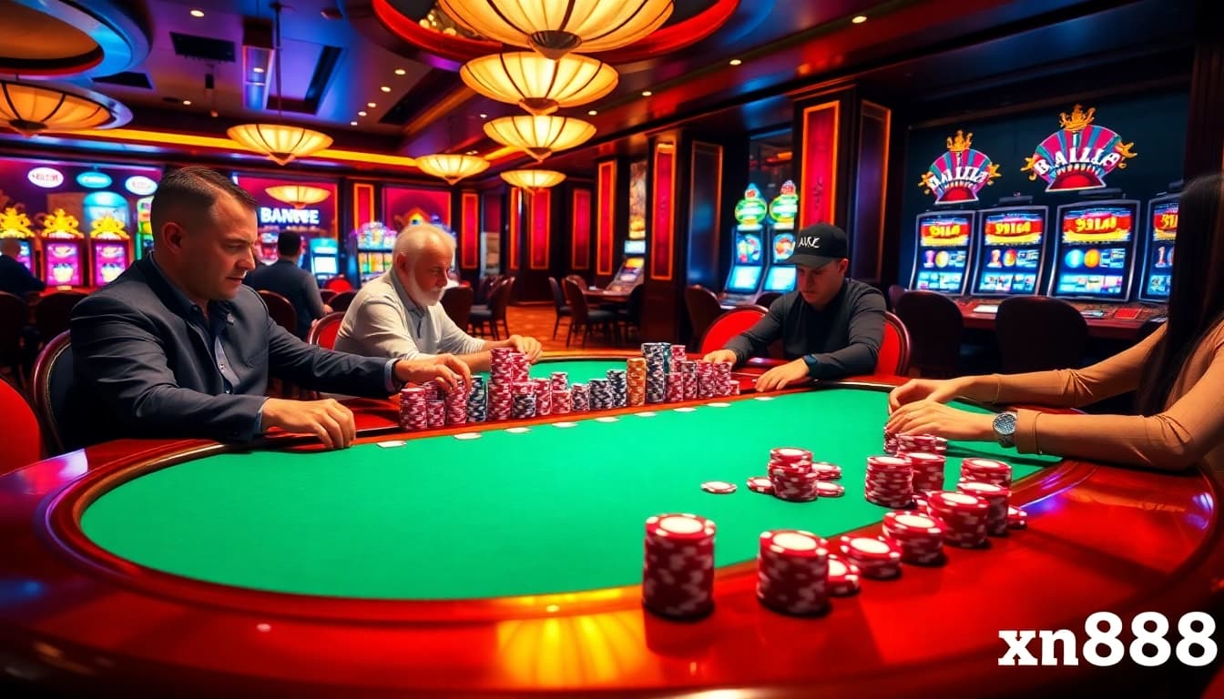 Experience thrilling poker action at xn88 casino with vibrant tables and colorful chips.