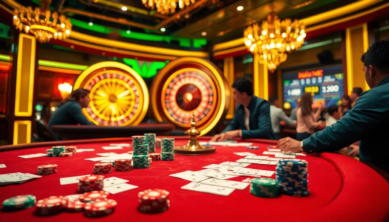 Engaged gamblers analyze tỷ lệ kèo nhà cái at a vibrant casino poker table.