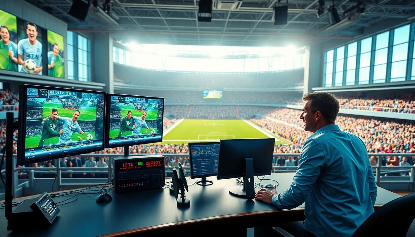 Engaging professional in sports broadcasting setting delivering live commentary.