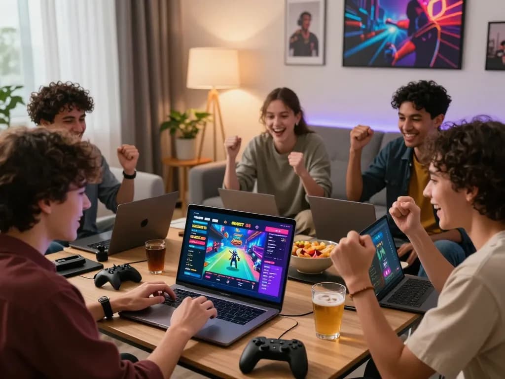 Friends enjoying ONBET 88 gaming together in a lively living room.