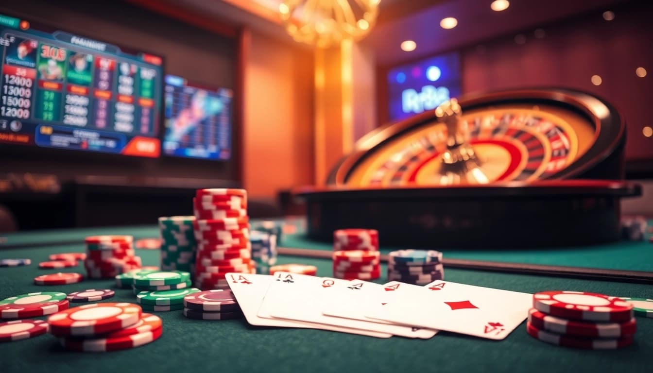 RR88 players enjoying a casino atmosphere with vibrant chips and winning cards.