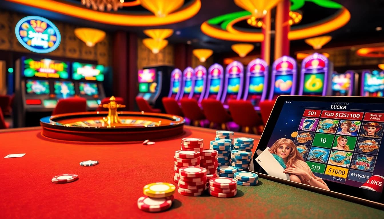 LUCK8 players enjoy exhilarating games at a vibrant casino table surrounded by thrilling decor.