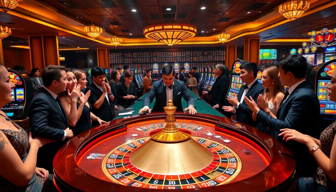 Players enjoying a thrilling game at a sunwin-themed casino table, showcasing excitement and luxury.