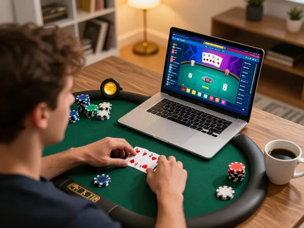 Player enjoying a poker game on luckywin, showcasing strategic play and a cozy atmosphere.
