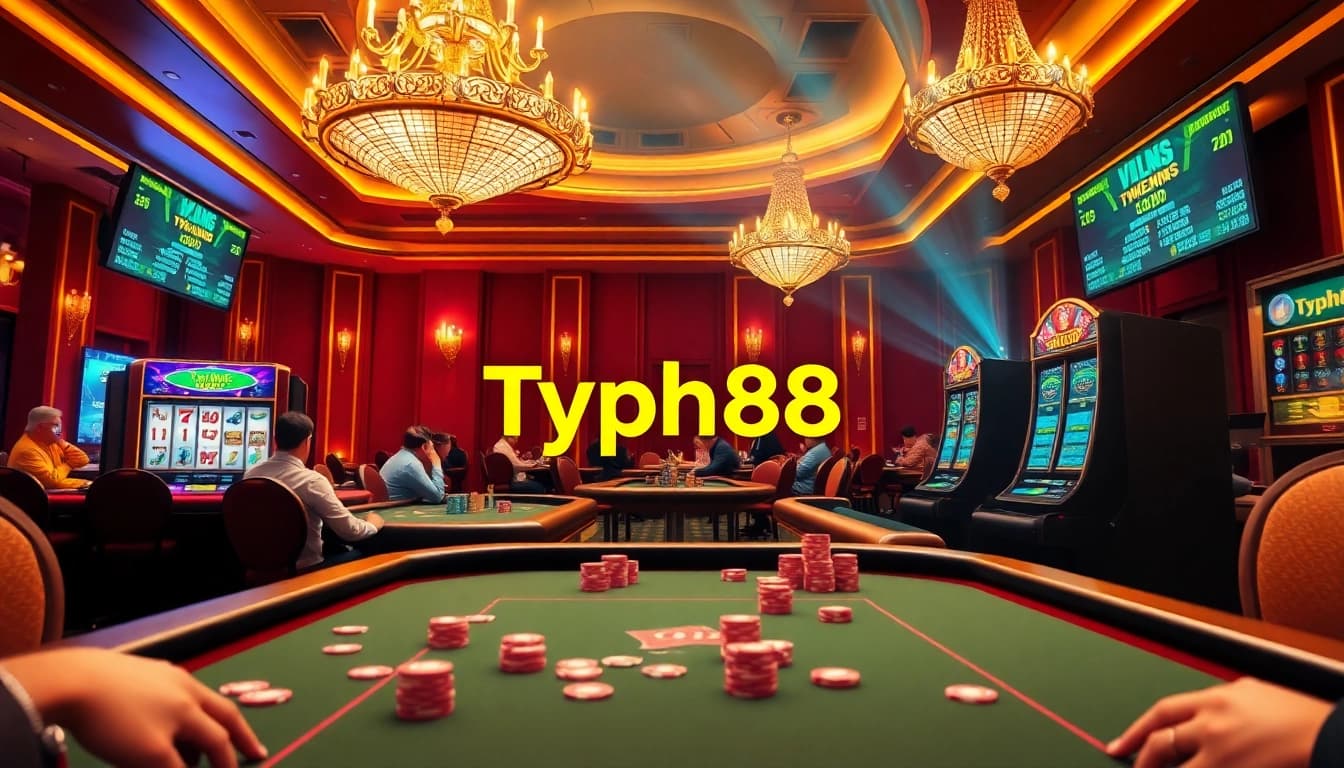 Experience the excitement of Typhu88 with colorful poker chips and a vibrant casino table filled with players.