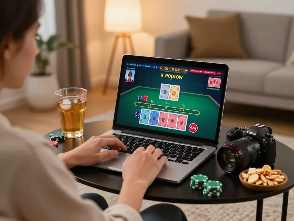 CM88 player strategizing during online blackjack game in cozy home setting