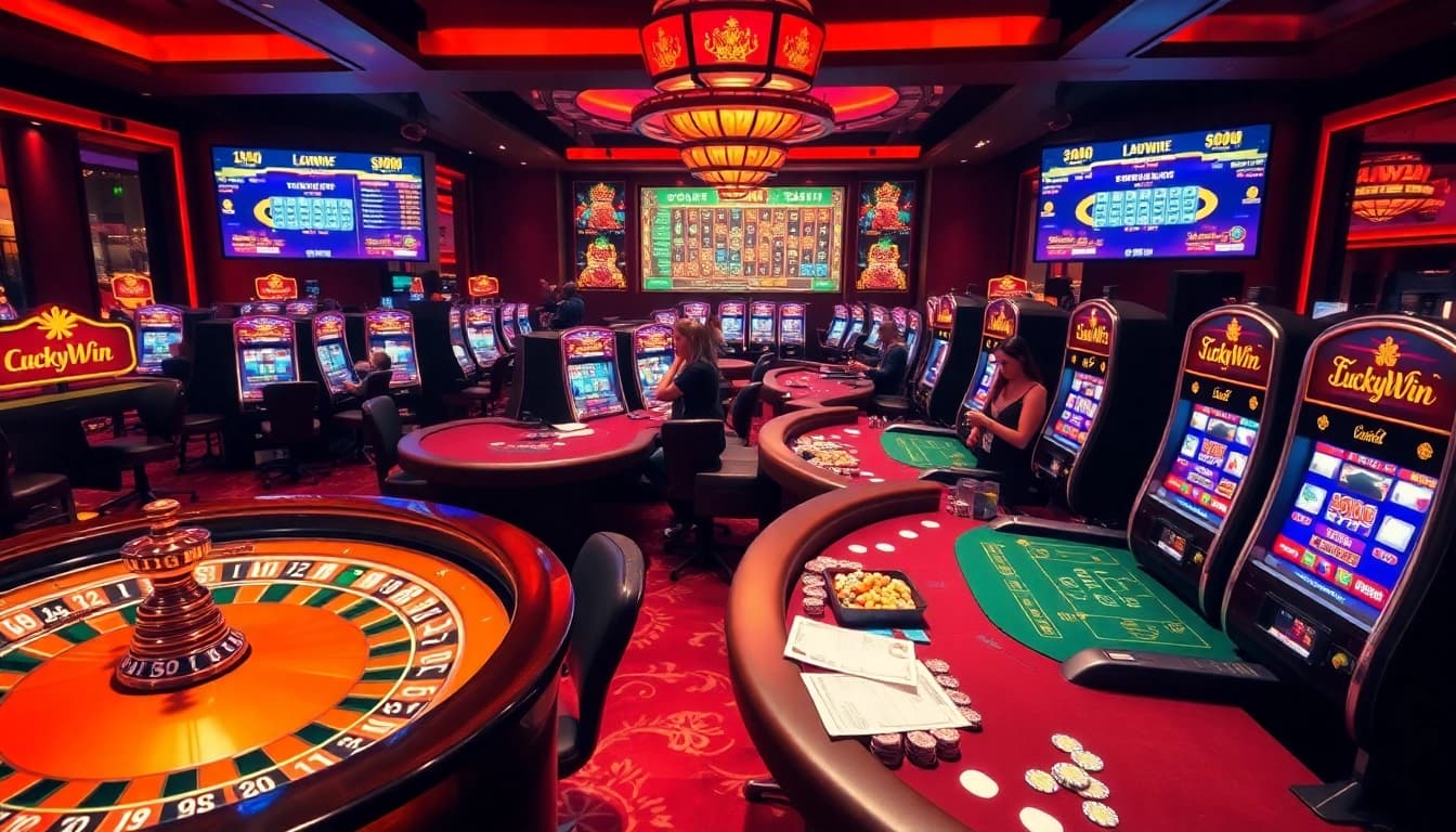 Players celebrating wins at a vibrant LuckyWin casino table filled with poker chips and betting slips.