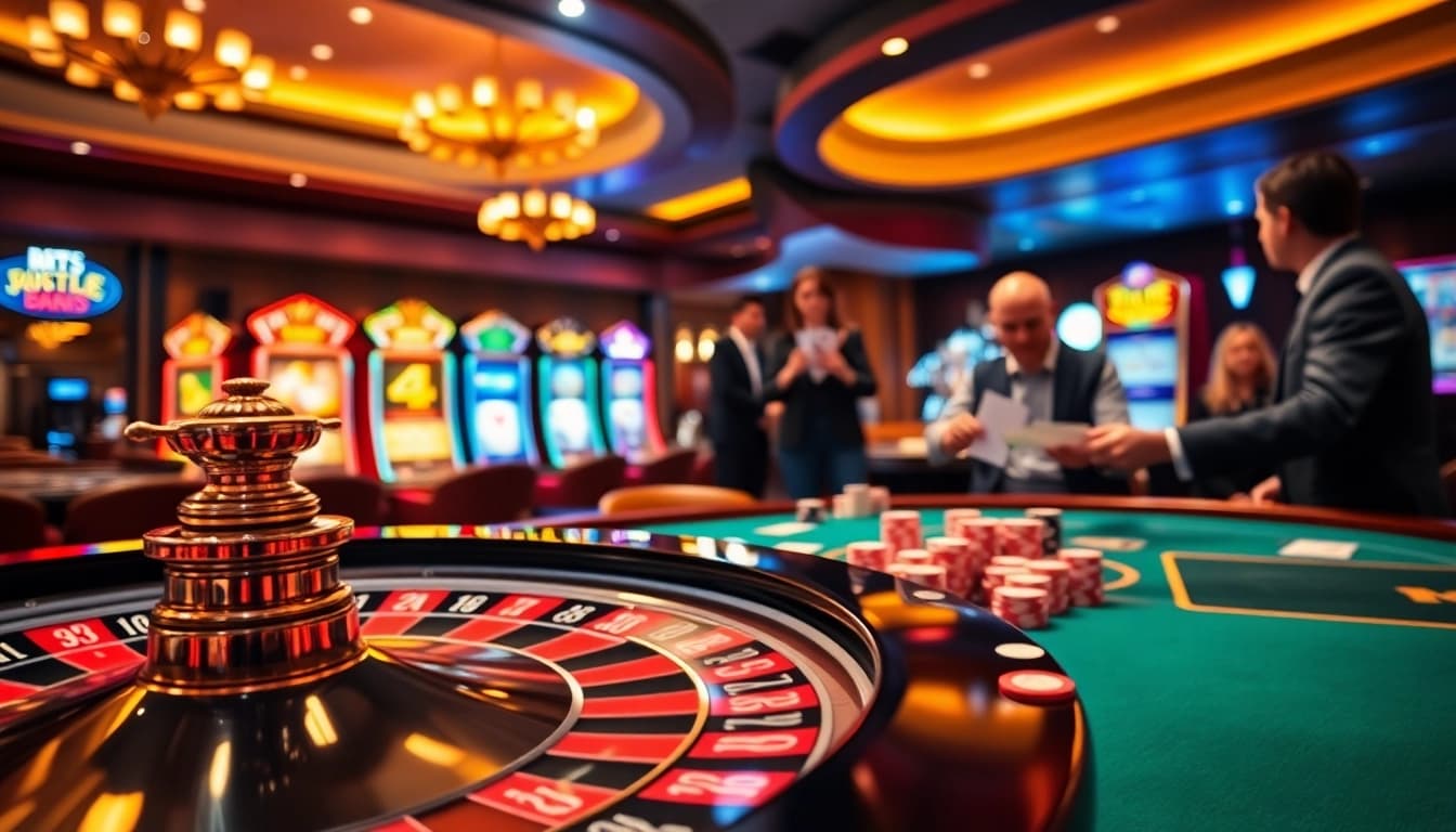 Engaging scene of gamblers at https://rr9988.net/ featuring roulette, poker, and vibrant slot machines.