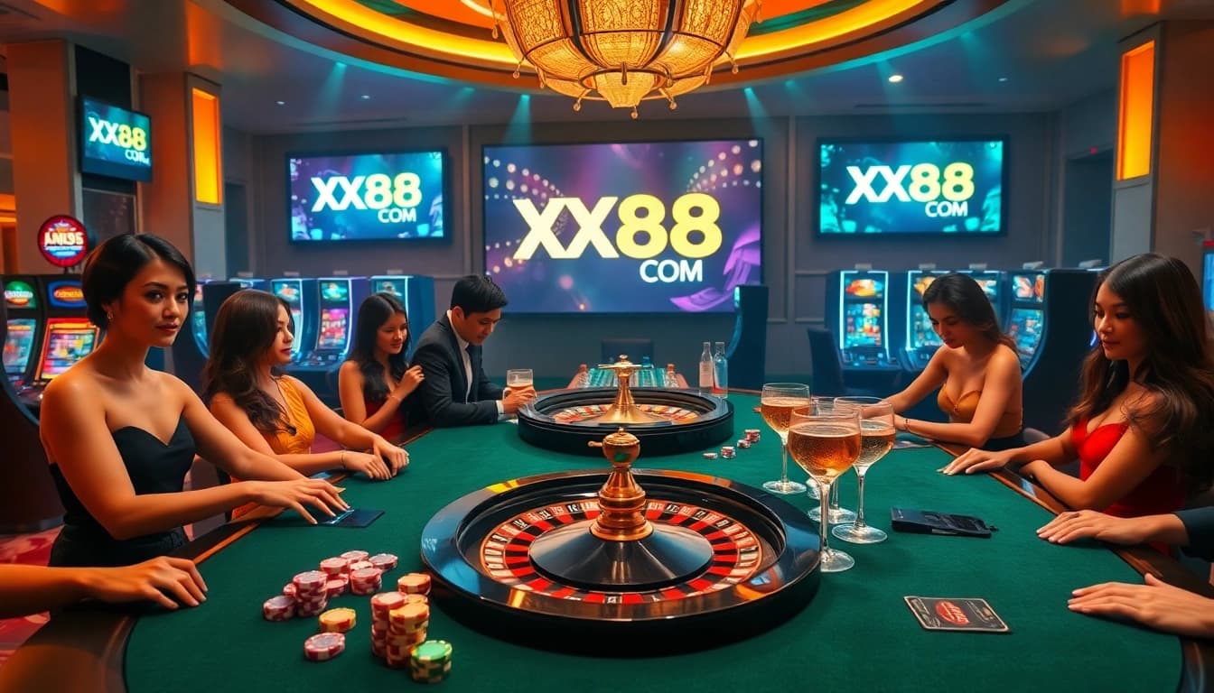 Exciting gaming action at XX88 COM casino with vibrant poker chips and a roulette wheel.
