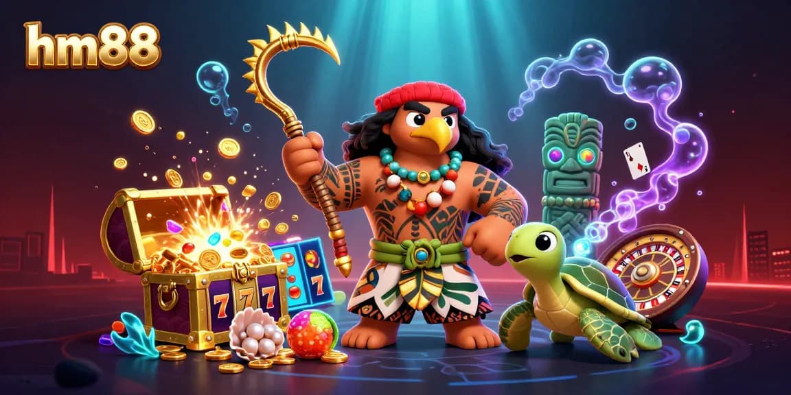 Play exciting games with hm88, featuring a vibrant scene of cartoon characters and slots