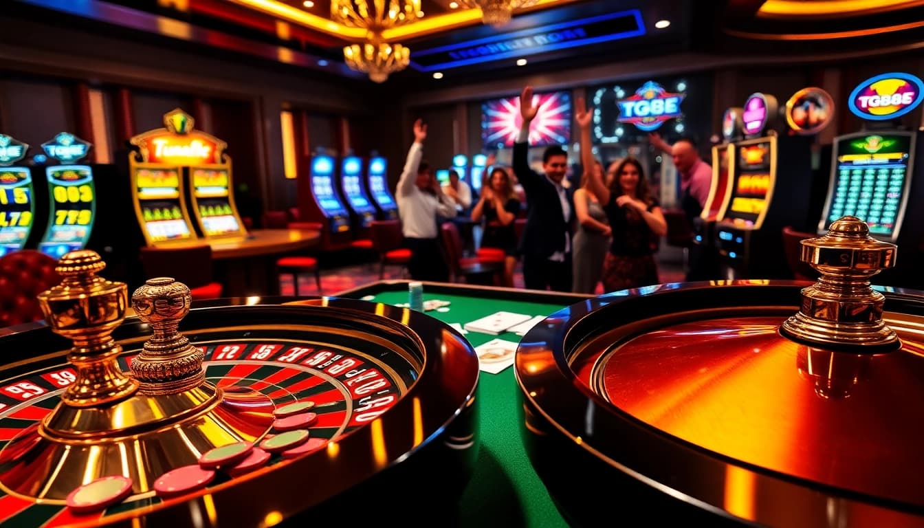 Experience the thrill of tg88 at a luxurious casino table with poker chips and roulette wheel.