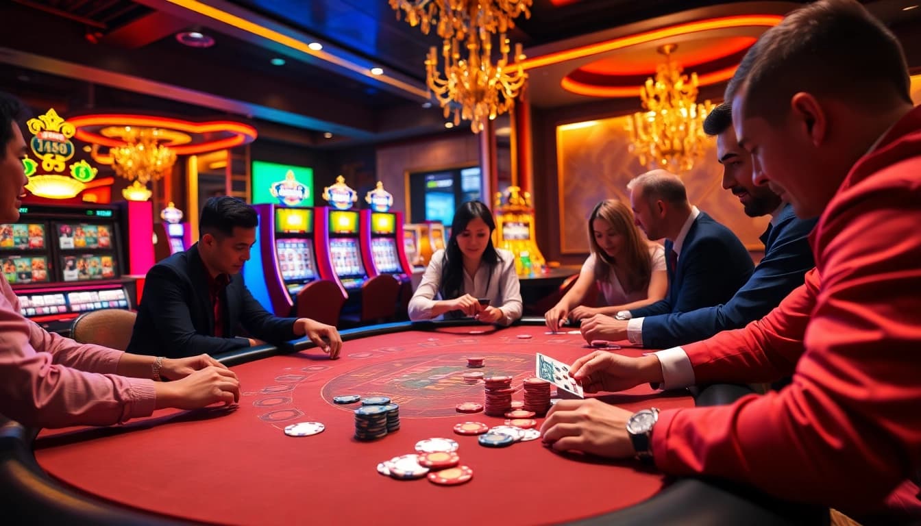 NK88 offers an exciting poker experience with vibrant chips and engaging gameplay in a luxury casino setting.