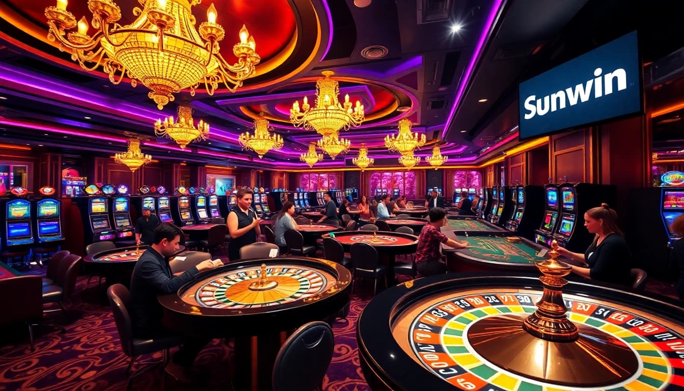 Experience thrilling gameplay at Sunwin casino with vibrant gaming tables and slot machines.