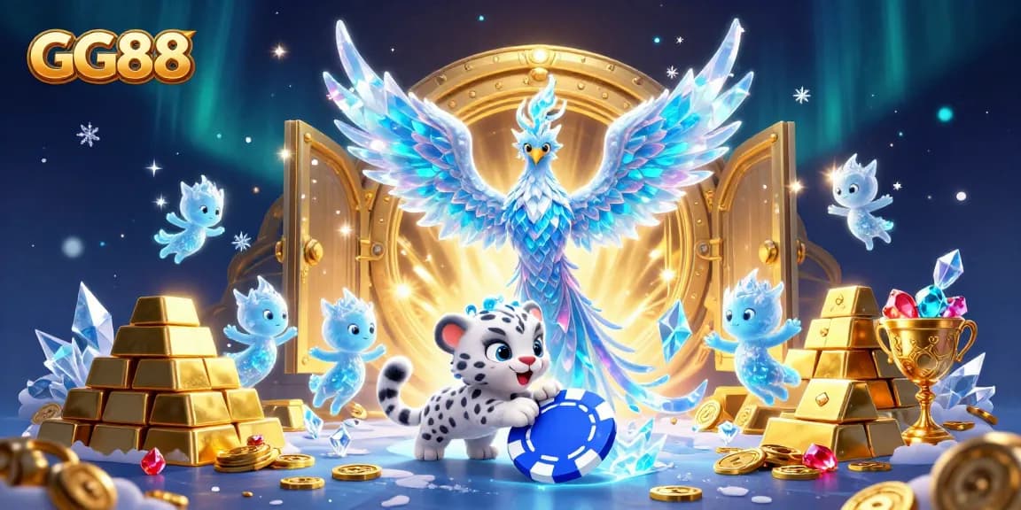 Win exciting rewards at GG88 with a vibrant casino scene filled with unique characters and sparkling treasures.