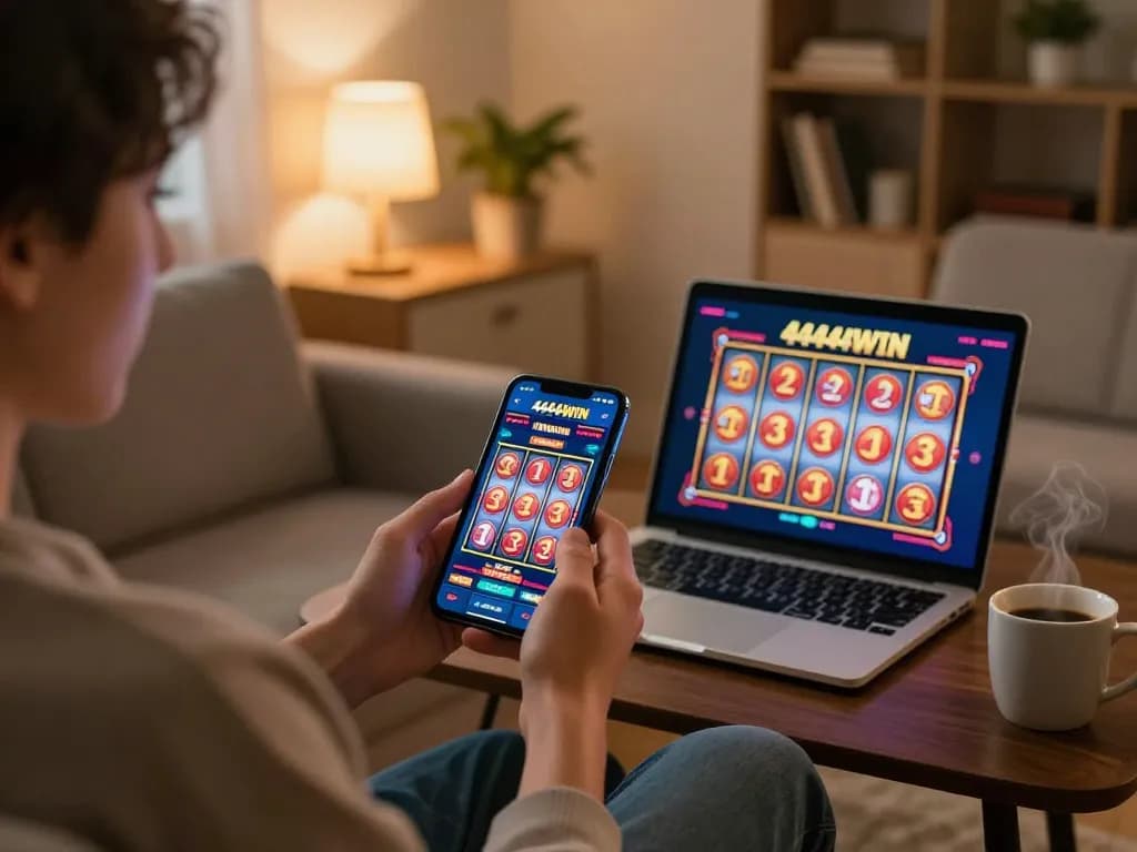 Engaging with the 4444WIN casino app on a smartphone while relaxing at home.