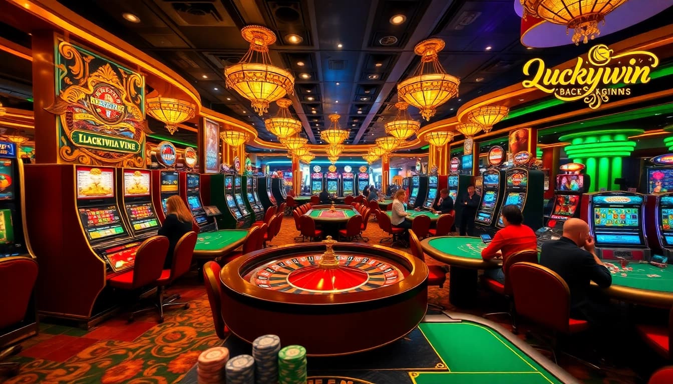 Luckywin casino scene with players enjoying various games and vibrant atmosphere