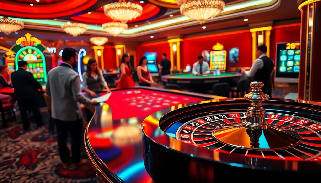 Experience the excitement of 23win with a lively casino scene featuring roulette and slot machines.