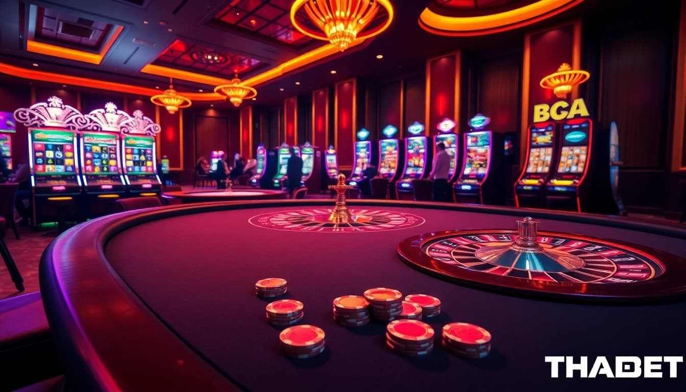 Experience thrilling gameplay at THABET Casino with vibrant slot machines and a roulette wheel.